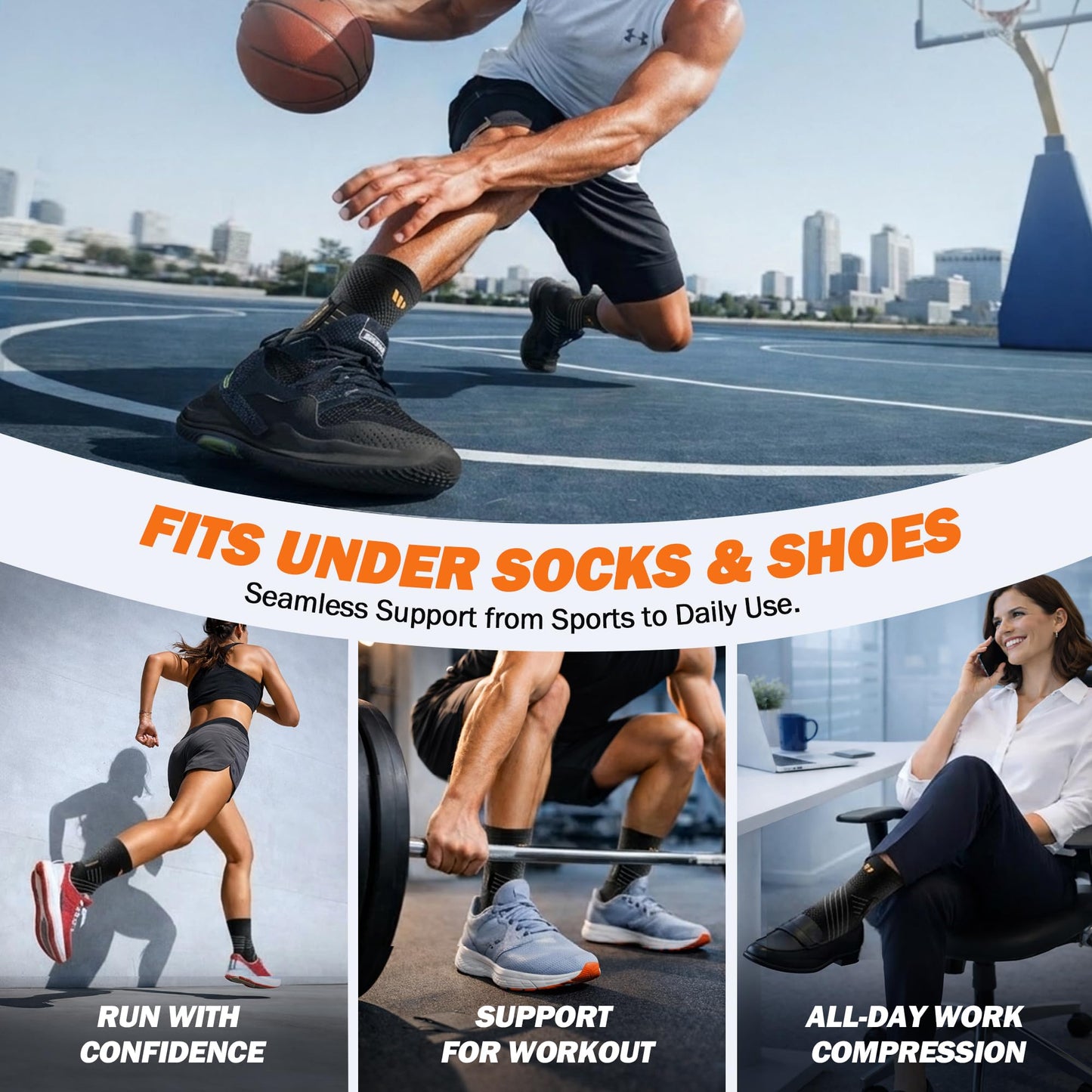 WHCOOL Low-Profile Ankle Braces for Women & Men, Customizable Ankle Compression Sleeve w/Wide Strap, Foot Support Wrap for Plantar Fasciitis Pain Relief, Achilles Tendonitis, Sprain, Black, 1 Pair, L