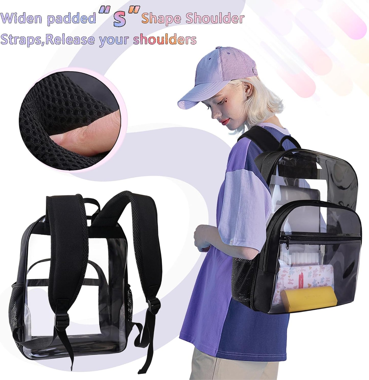 Skiennix Clear Backpack - Heavy Duty Transparent Bookbag | 18-Inch Black PVC School Bag