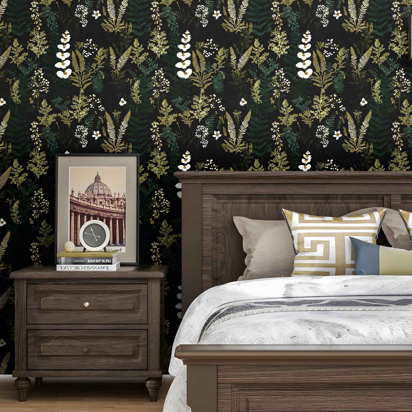 Black Floral Wallpaper Peel and Stick Dark Green Gold Leaf Contact Paper Waterproof Self-Adhesive Forest Tropical Fern Wall Paper for Bedroom Countertop Desk Cabinets 17.4" x 118" Renter Friendly