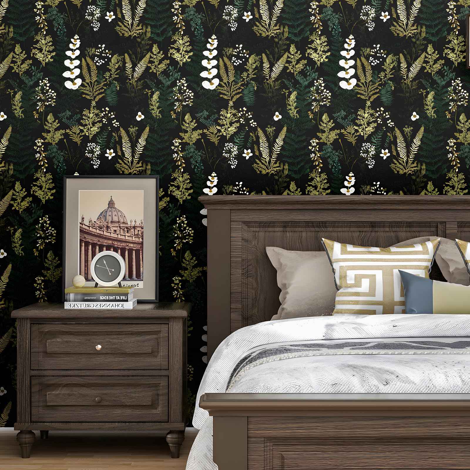 Black Floral Wallpaper Peel and Stick Dark Green Gold Leaf Contact Paper Waterproof Self-Adhesive Forest Tropical Fern Wall Paper for Bedroom Countertop Desk Cabinets 17.4" x 118" Renter Friendly