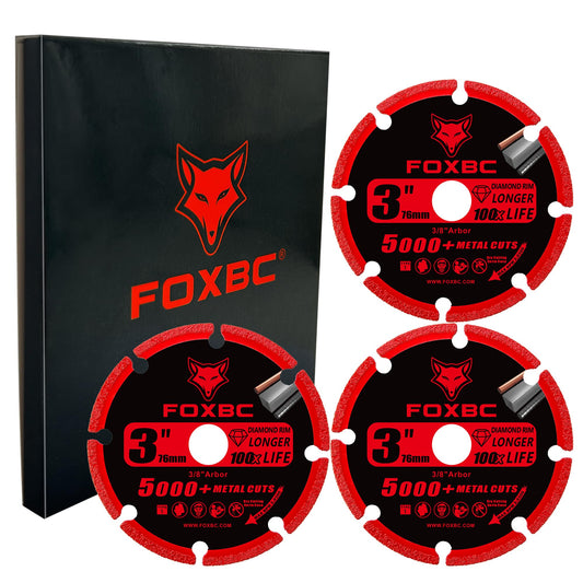 FOXBC 3 Inch Diamond Cut Off Wheel with 5000+ Metal Cutting on Rebar, Stainless Steel, Angle Iron, 3/8" Arbor - 3 Pack