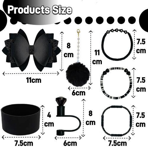 Accessories for Stanley Cup 40oz,3 Decorative Beads Charms for Stanleytumbler,1 Bow Straw Topper,1 Silicone Boot for Stanley40 oz,1 Pompom Ball for Stanleycup Handle,1 Straw Topper Cover (Black)
