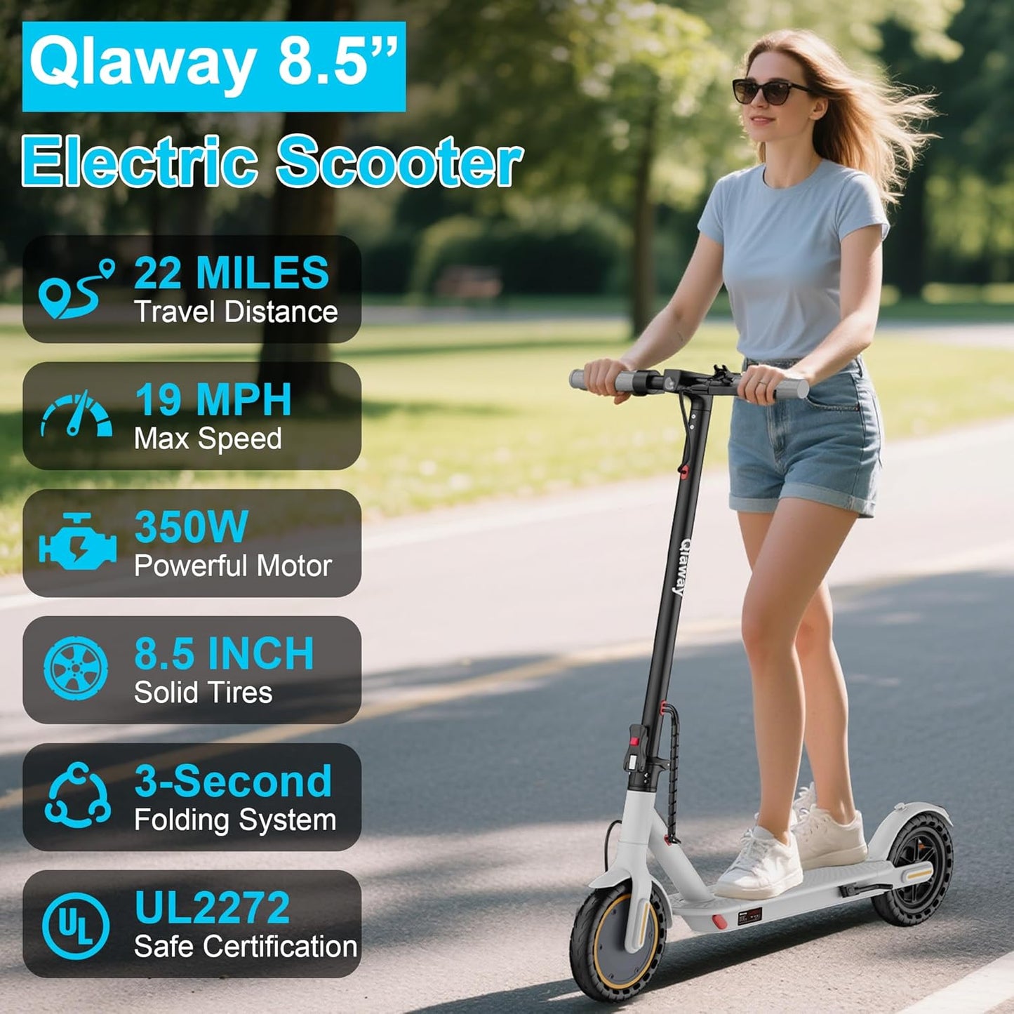 Qlaway 8.5" E-Scooter for Adults - 19/22 MPH Speed, 350/500W Motor, 22 Miles Range, Foldable Design