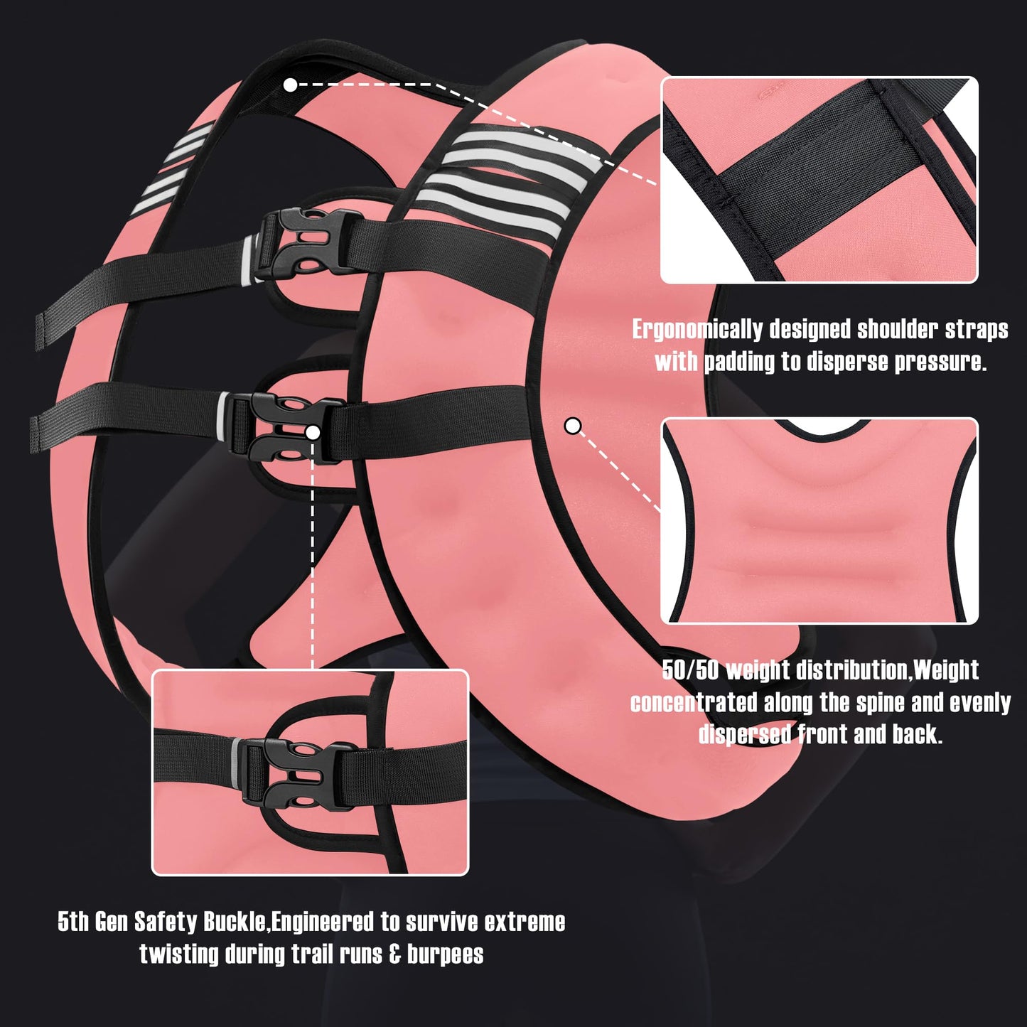 NATURELUX Weighted Vest with Reflective Stripe and Adjustable Buckle Straps, Pastel Pink, 25 lbs