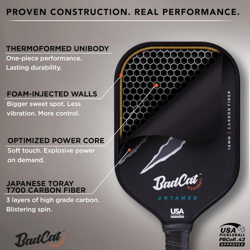 BadCat Pickleball Untamed Pickleball Paddle - Toray T700 Raw Carbon Fiber | Pro All-Court Performance | Thermoformed for Max Spin & Control | 16mm Core, Elongated Shape | 5.5" Handle | USAPA Approved