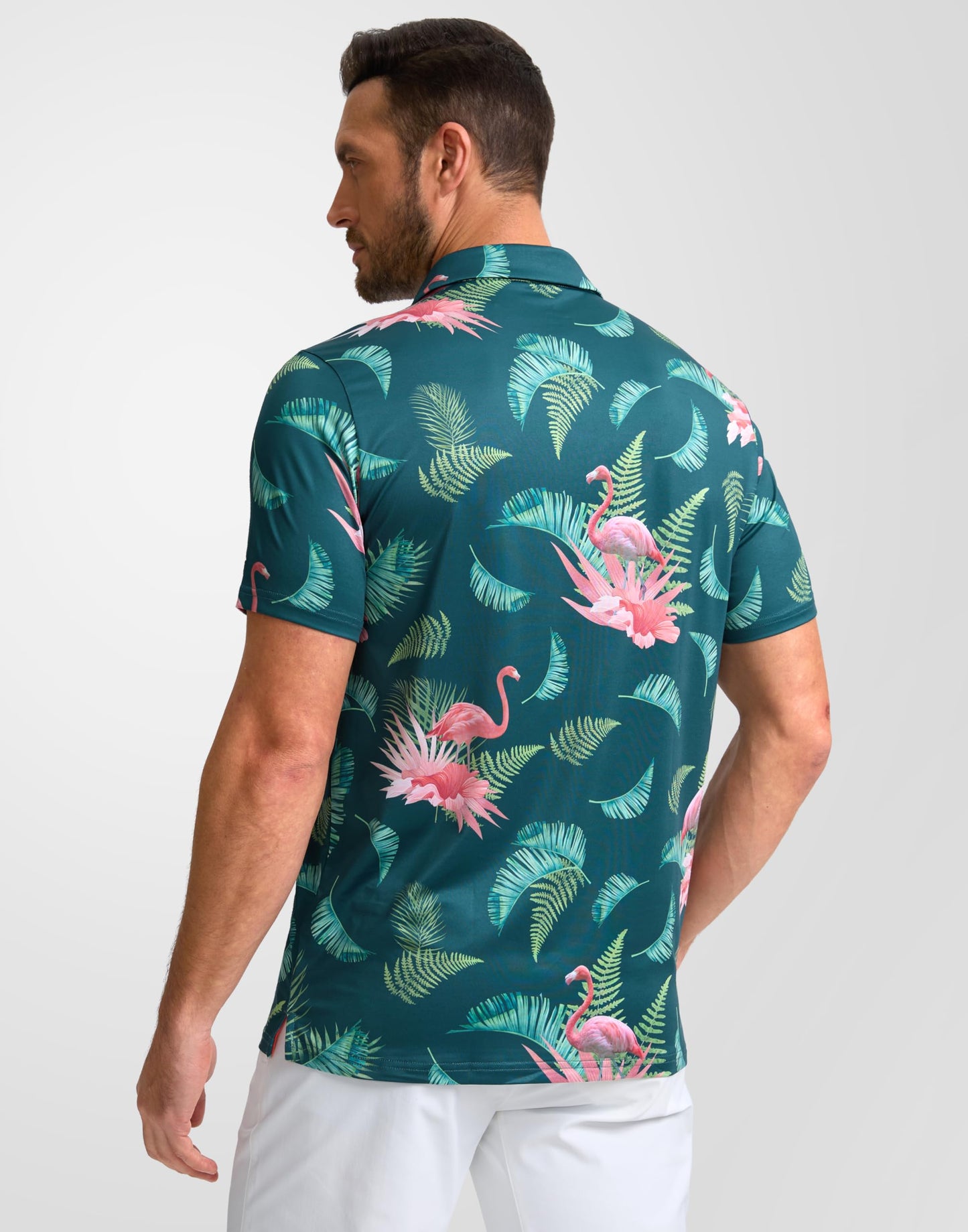 Obla Men's Print Golf Polo Shirts (Green Flamingo_L)