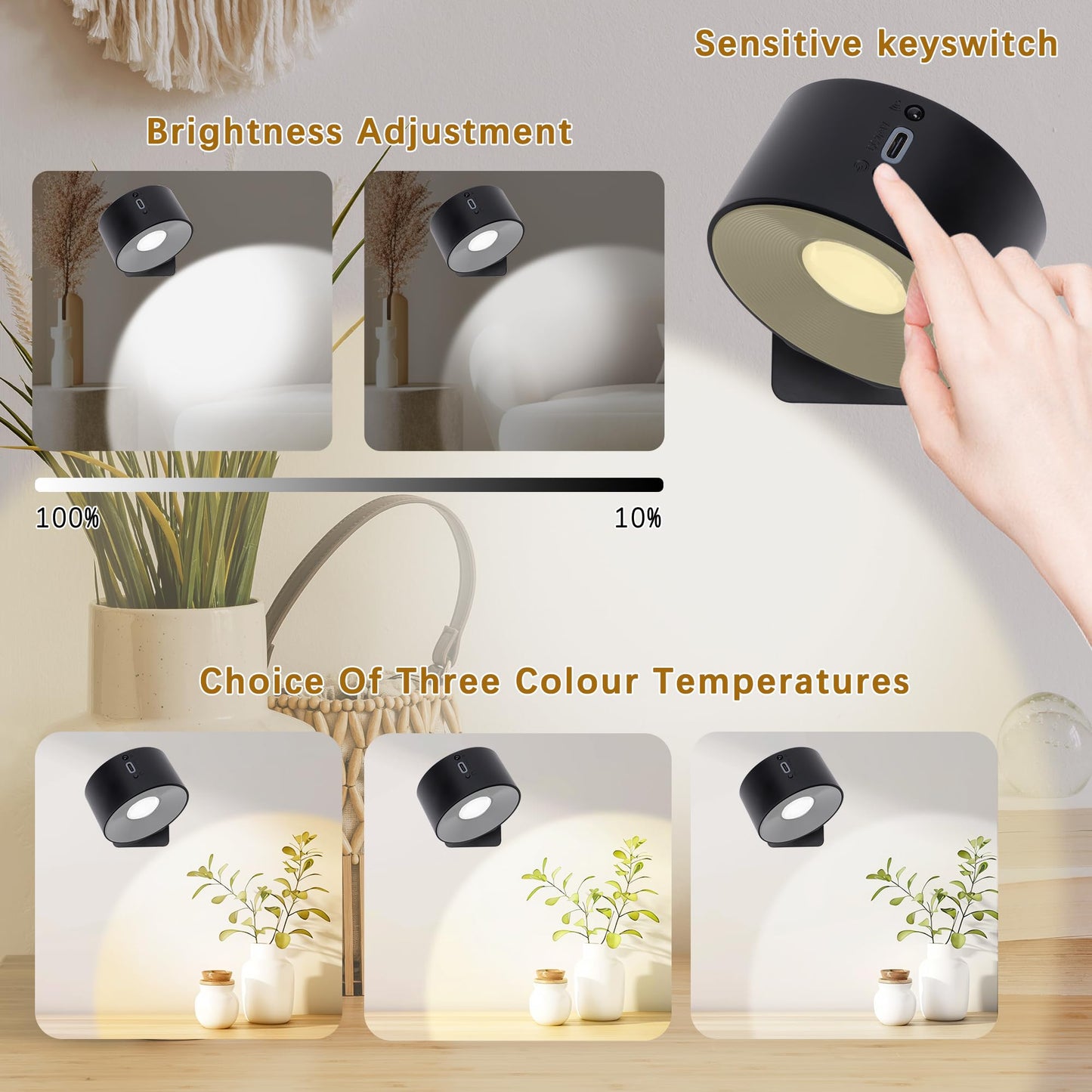 Rihvy Rechargeable Wall Lights for Bedroom with Remote, 3000mAh Wireless Battery Operated Wall Sconce 3 Color Temperatures, Dimmable Magnetic 360°Rotation Picture Lights for Wall Reading Bedside(2pcs)