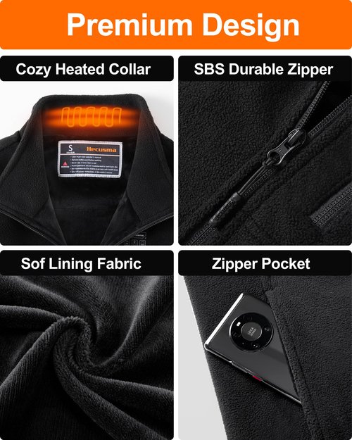 Hecusma Fleece Heated Vest for Men with Battery Pack 16000mAh 7.4V, Warming Mens Heated Vest, Fleece Heating Vests for Men Hunting-Black, L