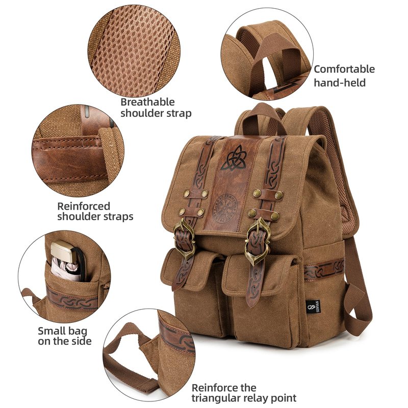 SV SENVAN Medieval Renaissance Backpack –Viking Medieval Canvas Bag for LARP, Travel & Cosplay with Metal Hardware