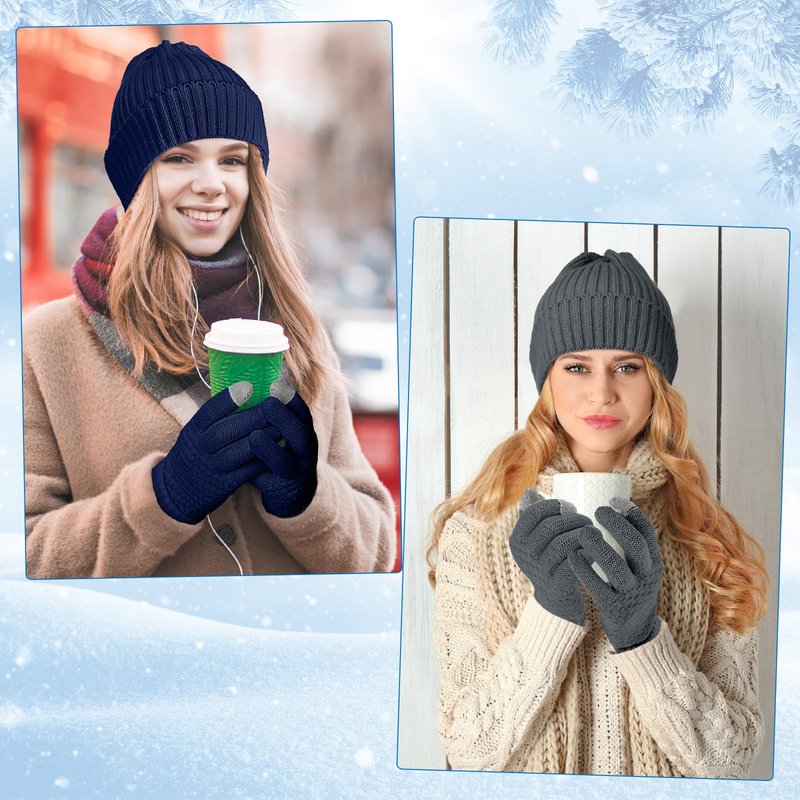 Syhood 6 Pieces Men Beanie Winter Hat Gloves Set, Winter Knitted Hats Thick Warm Knitted Skull Cap Touchscreen Gloves Unisex(Black,Navy Blue,Dark Gray)