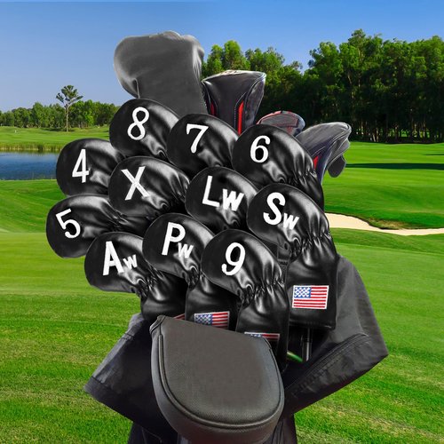 Golf Iron Covers Set US Flag Leather for Irons Value 11 Pack, Long Neck Protector Number Headcover, Universal Head Cover Fit Main Iron Clubs for Men Women Golfer (Black-USA Flag)