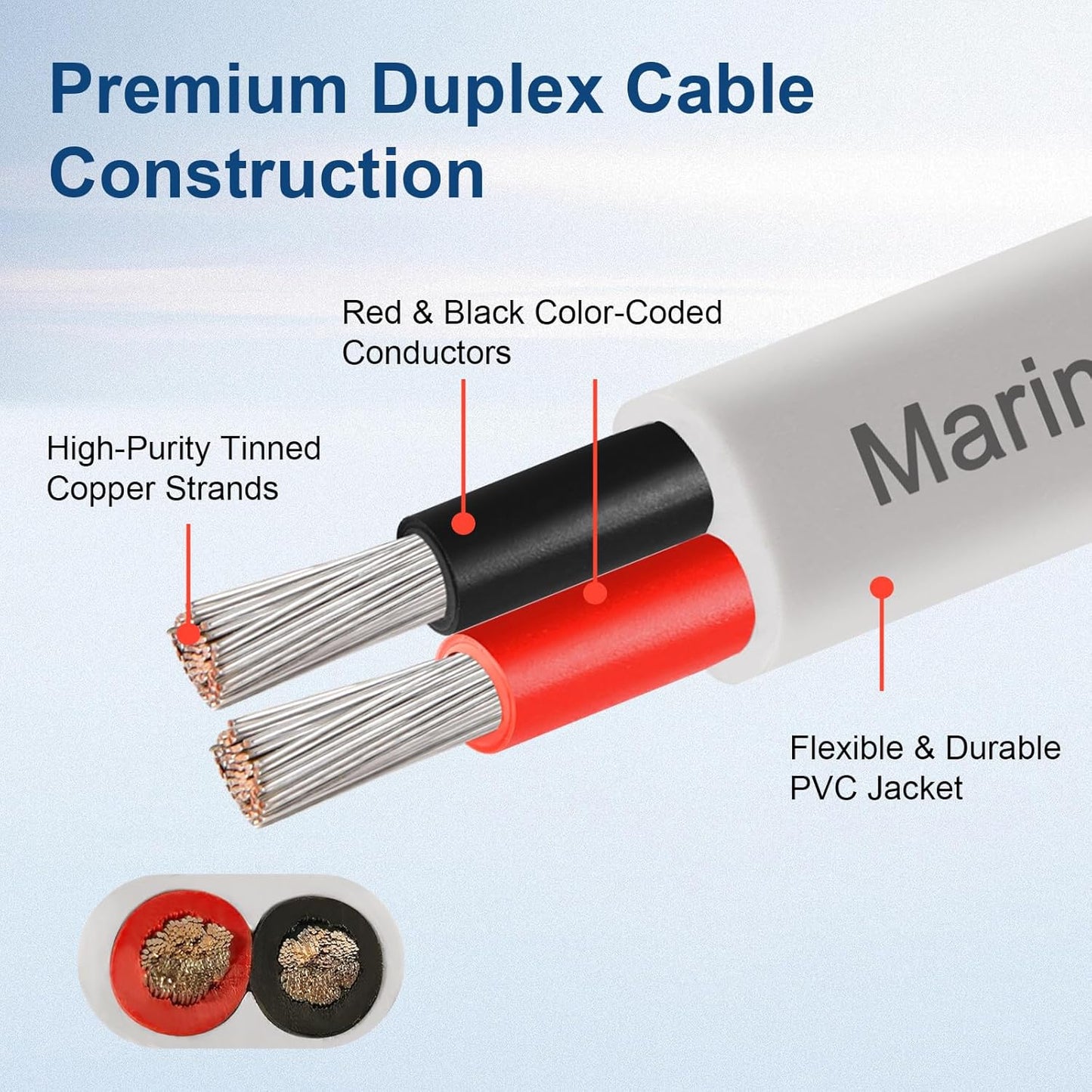 XRDS Marine Wire - 12 AWG Duplex Boat Cable (10FT, Red & Black) | High-Strand Tinned Copper, Flexible PVC Jacket for Boats, RVs & Trailers