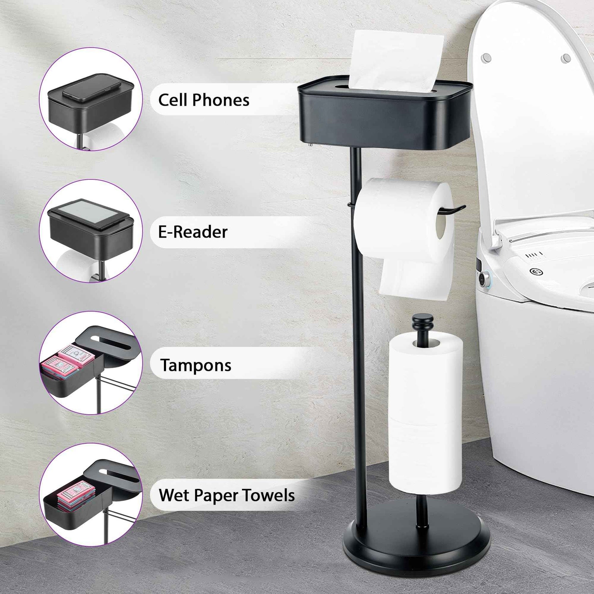 Toilet Paper Holder Stand Black, Free Standing Toilet Paper Holder with Shelf, Rustproof Toilet Paper Stand with Storage, Large Capacity Toilet Tissue Holder for Bathroom, Stainless Steel