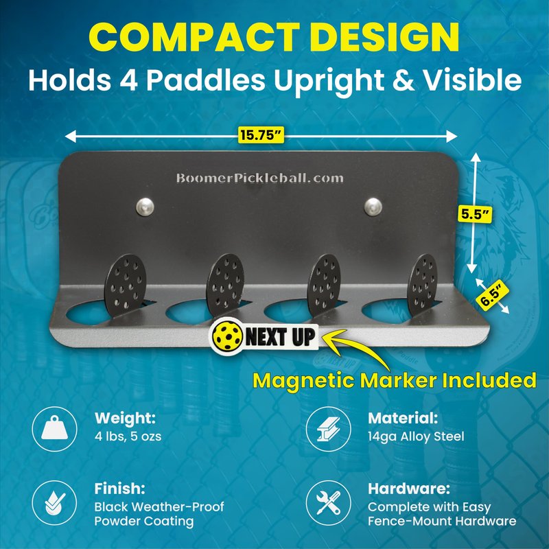 45D Pickleball Paddle Rack | Holds Four Paddles at a 45-Degree Angle Making All Paddles Visible | Track Players “Next-Up” | Heavy-Duty Steel Finished in Black Weather-Proof Powder Coating