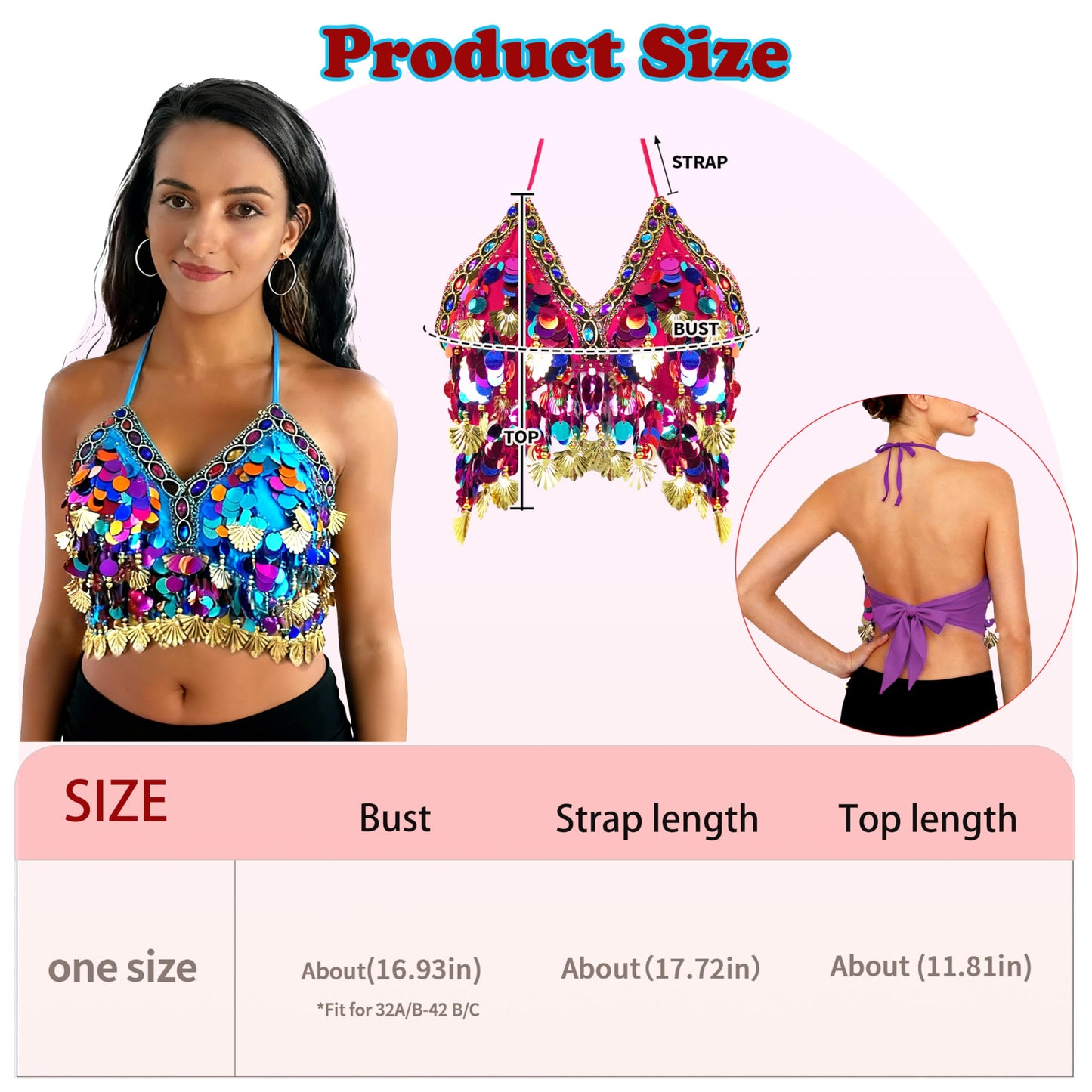 Wuchieal Sequin Halter Bra Tops Salsa Belly Dance Boho Festival Clubbing Tribal Bra Gold Shell Top (One Size, Black Coins Golden Shell)