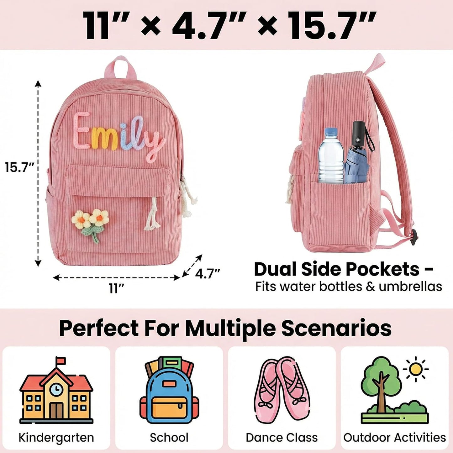 MBBEST Personalized Backpack - Custom Corduroy Daypack with Name Embroidery | Perfect Gift for Kids