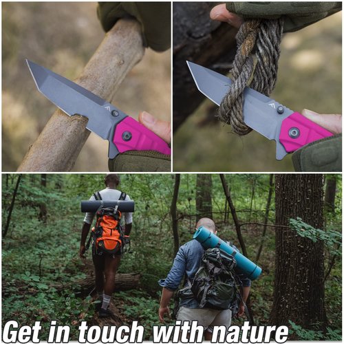 FLISSA Folding Pocket Knife, EDC Knife with Liner Lock, Tanto Blade, Pocket Clip, Glass Breaker, Seatbelt Cutter, Perfect for Outdoor, Camping(Pink)
