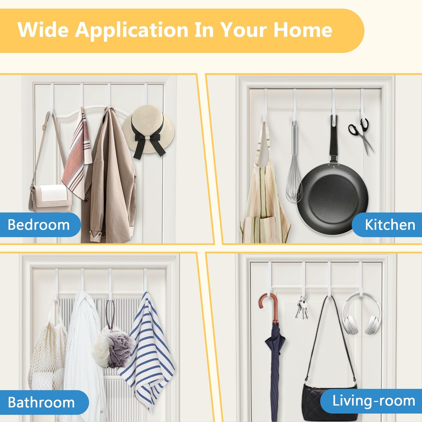 Updated 6" Over The Door Hooks (10 PCS) Fit Almost All Doors up to 1-3/4", Widen Metal Door Hanger for Hanging Towels, Clothes, Bags on Interior Door of Bathroom/Closet/Bedroom/Pantry and Front Door