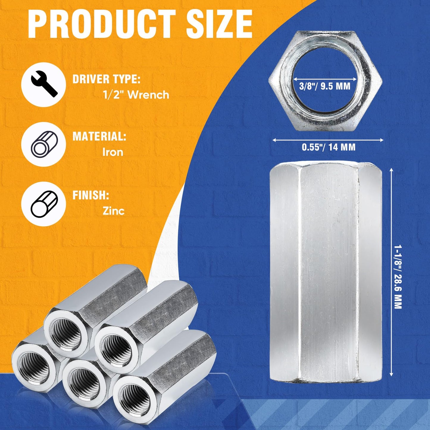 Hicarer 5 Pcs 014973322175 Coupling Nuts 3/8-24 x 1-1/8" Hex Coupling Nut with Zinc Plate Threaded Rod Connector