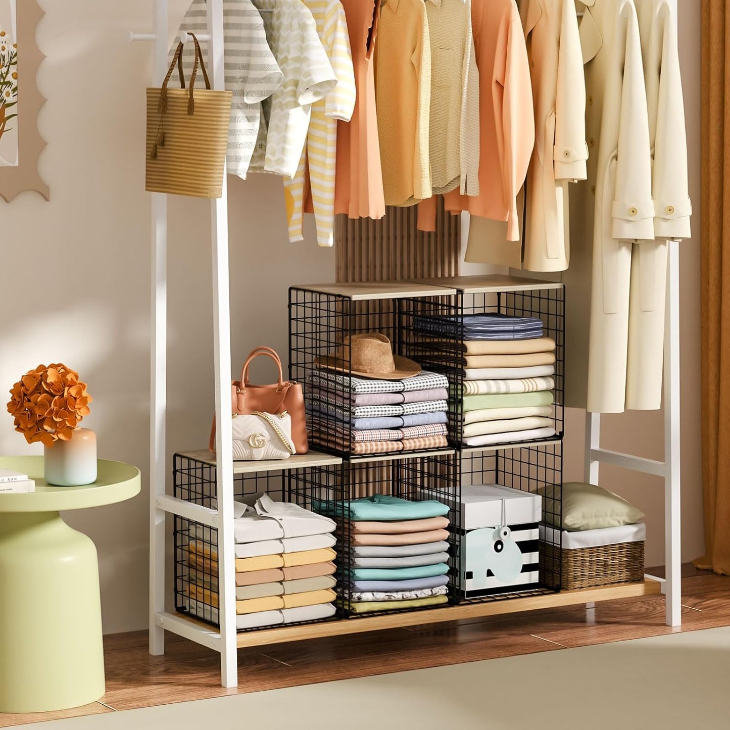 Skiennix Closet Organizer Set - Sturdy Stackable Wire Storage Bins with Wood Top - Black, Set of 3
