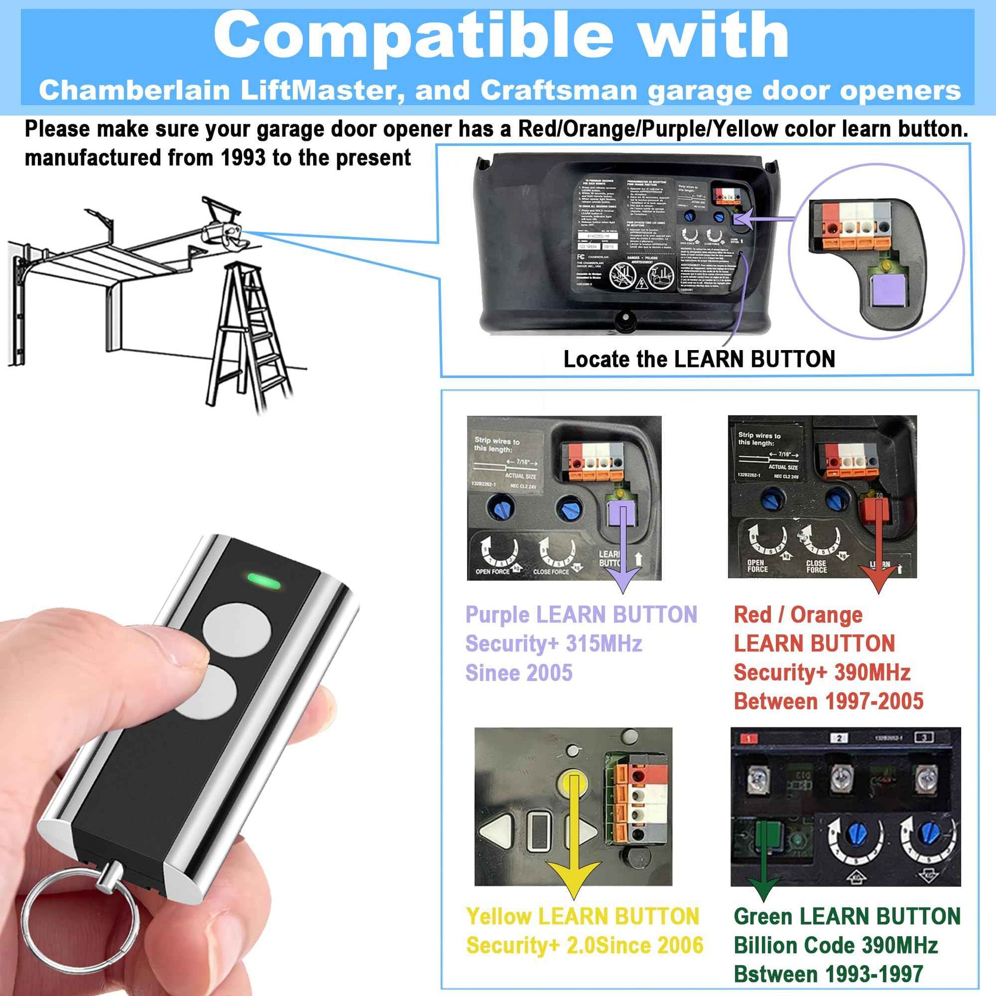 2 Garage Door Opener Remote, for LiftMaster Chamberlain Craftsman Garage Door Opener Remote 371LM 373L 971LM 973LM 893LM 893Max 891LM, Purple Red Orange Green Yellow Learn Button Garage Door Remote