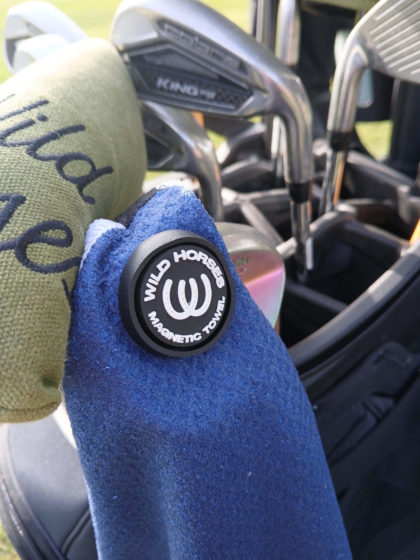 Wild Horses Magnetic Golf Towel 18x18 Microfiber Waffle Weave Style with Funny Golf Towel Magnet & Clip - Quick Dry Magnetic Joke Towel for Men and Women - Blue