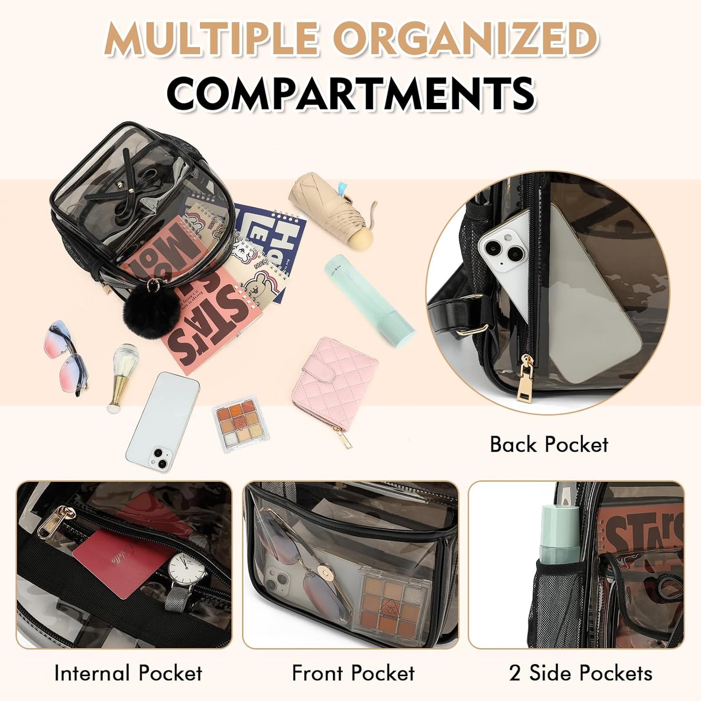 Skiennix Clear Backpack - Stadium Approved 12x12x6 PVC Bag with Stylish Leather Trim for Women