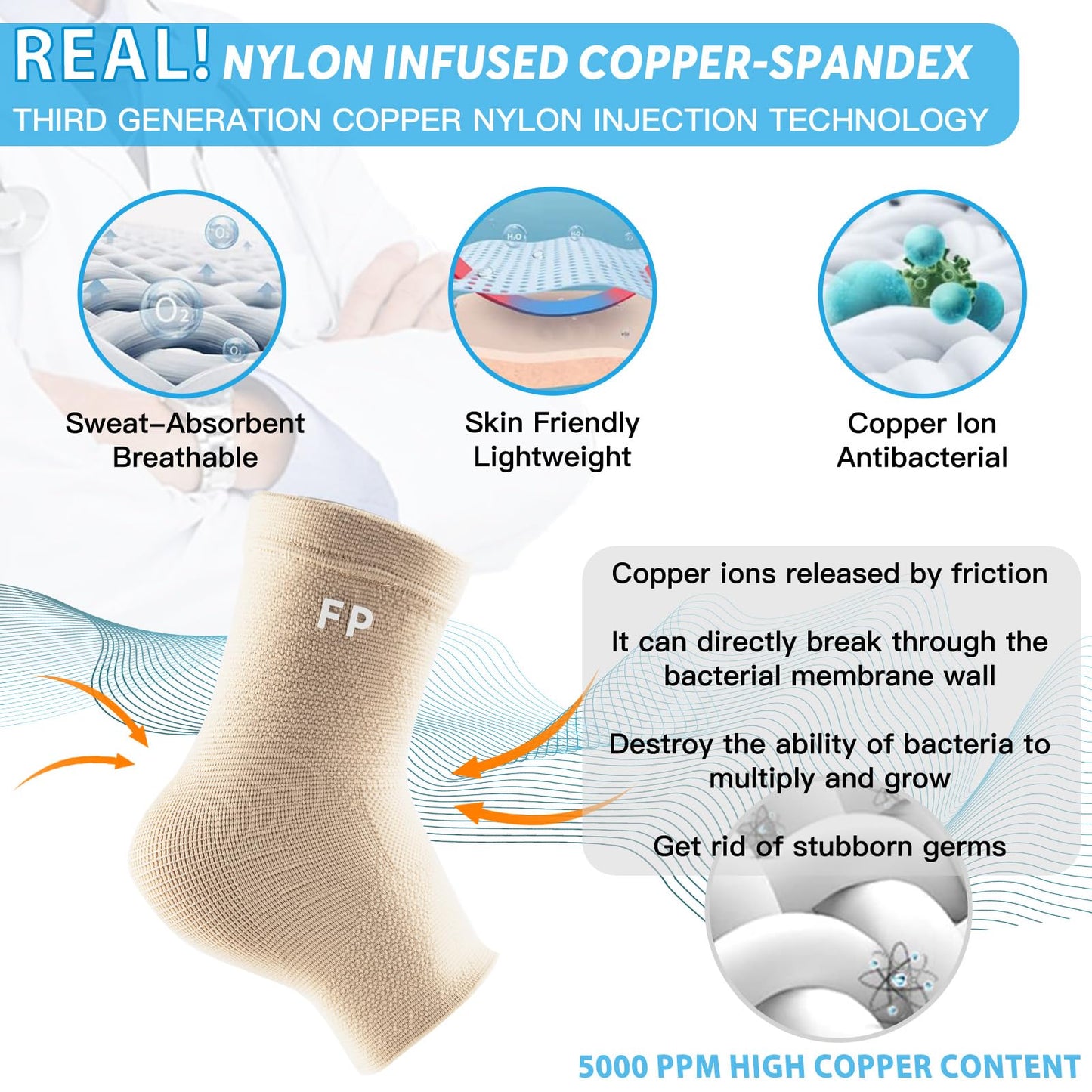 FvaPemm Copper Ankle Brace for Women Men 2 Pack Ankle Compression Sleeve Support for Sprained Ankle, Plantar Fasciitis Relief & Achilles Tendonitis Brace, Sports, Running, Nude, M
