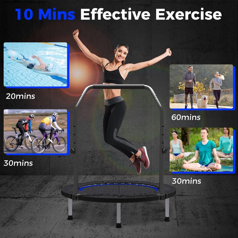 Wonlink 40" Rebounder Trampoline for Adults Mini Trampoline for Adults and Kids Exercise Rebounder with Bar Fitness Trampoline Indoor Height Adjustable Max Load 330lbs (Blue)