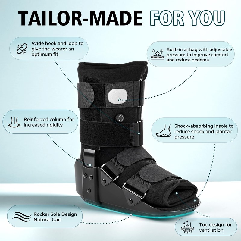 Medibot Advanced Walking Boot for Ankle Injuries & Fractures Adjustable Air Splint with Pump, Medium Black, Fits Shoe Size 6-10'', Men and Women