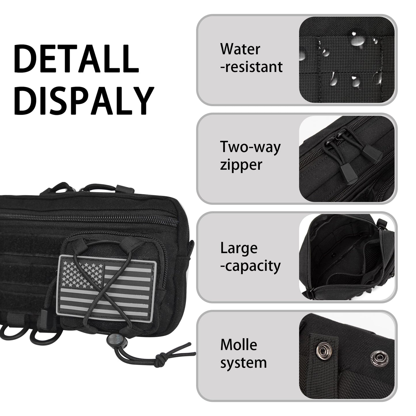 Tactical Molle Admin Pouch, Multi-Purpose EDC Tool Organizer Fits Tactical Rucksack Combat Vest with US Flag Patch(Black)