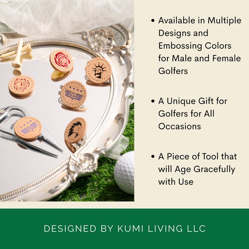 Kumi Living Handmade Golf Ball Markers for Men and Women Foil Debossed with Vegetable Tanned Genuine Leather Valentine's Day Gift for Golf Lover Set of 2, Hat Clips Included, Magnetic (Rose and Rose)
