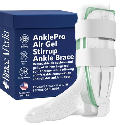 Braceapedia AnklePro Air Gel Stirrup Ankle Brace, Hard Core Side Stabilizer With Removable Cold Therapy Air Cushion & Gel Pad for Ankles, Ankle Brace for Women and Men, Ankle Support, Regular, White