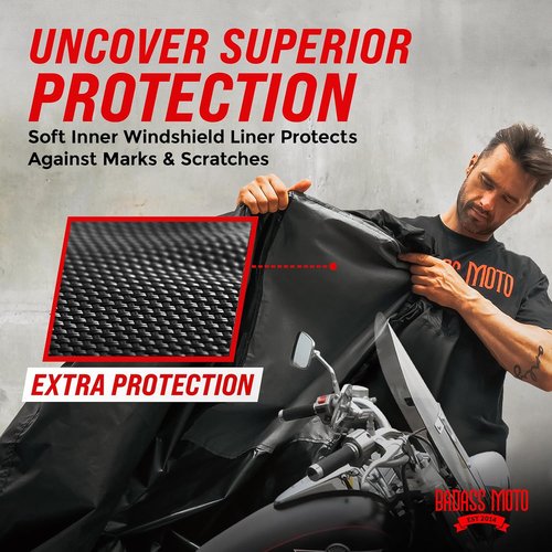 Badass Moto Motorcycle Cover - Waterproof Heavy-Duty All-Season Protection for Harley Davidson & Cruiser Bikes | Large 97L