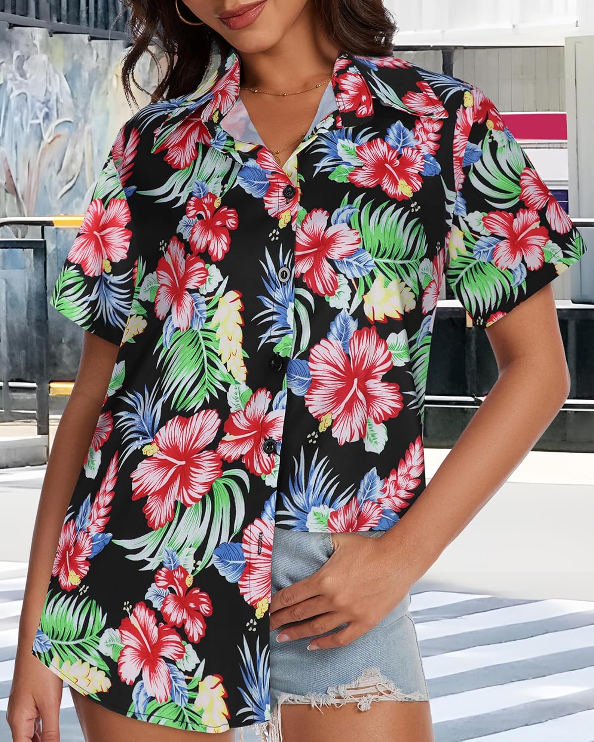 Skiennix Women’s Hawaiian Shirt - Cool Short Sleeve V-Neck Blouse for Summer Beach Outfits