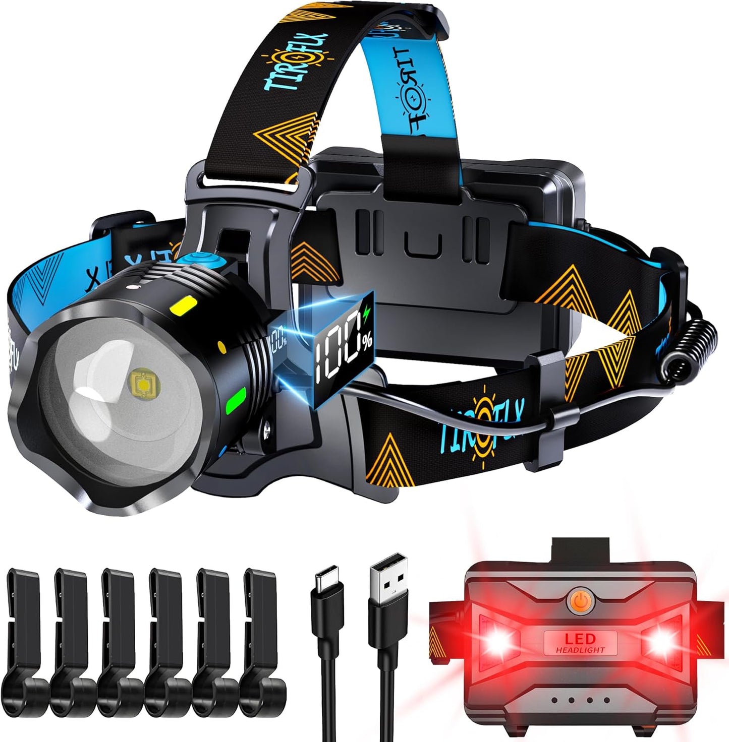 TIROFLX Headlamp - 12 Modes, 210000 Lux, Motion Sensor, Zoomable, IP65 Waterproof | Ideal for Camping & Outdoor Use