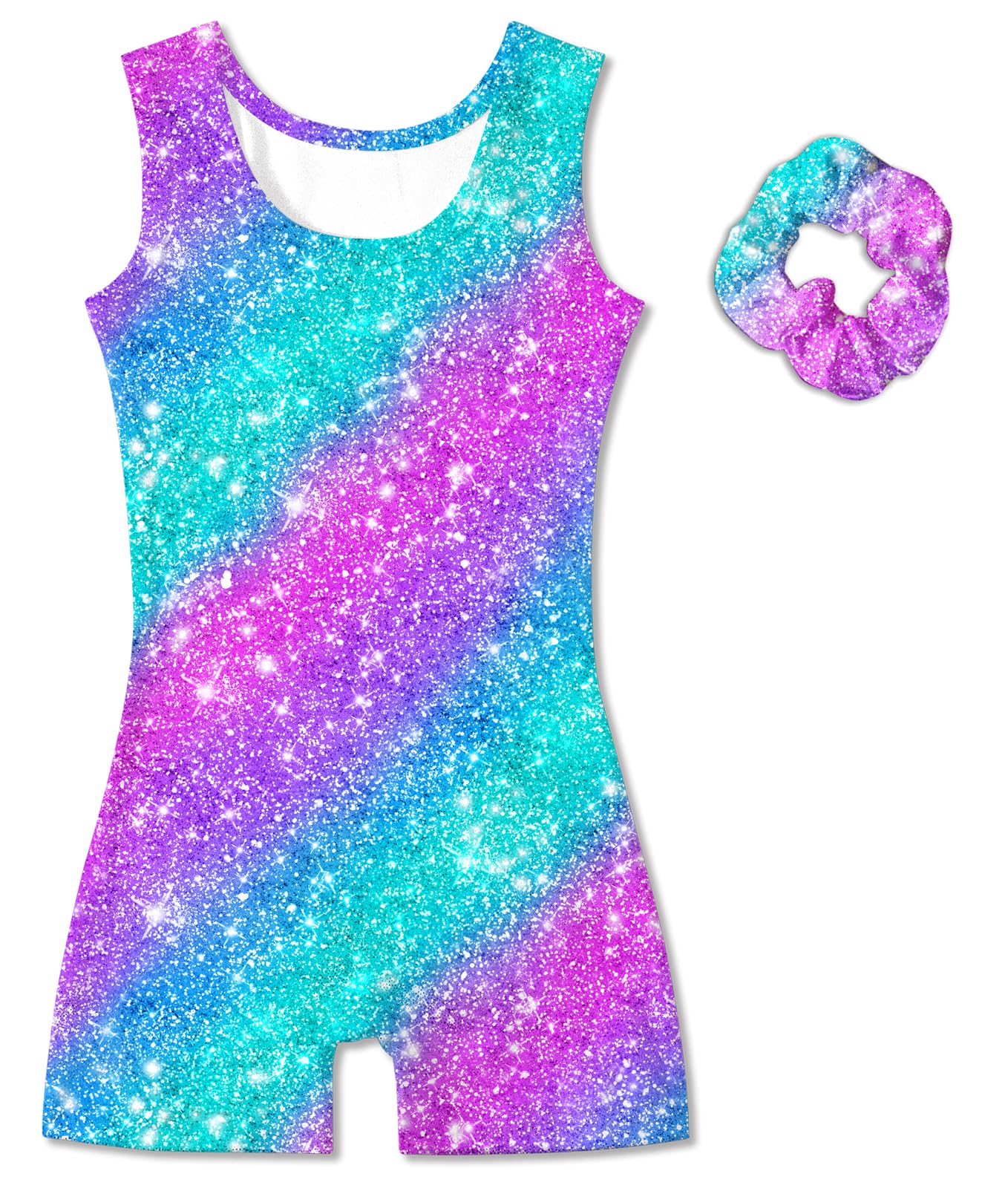 Vogseek Sparkly Gymnastics Leotards for Girls 11 12 Years Cute Blue Purple Stripe Shiny Ballet Dance Unitards Biketards with Hair Scrunchie Kids Tumbling Shorts Activewear Clothes, Rose Red