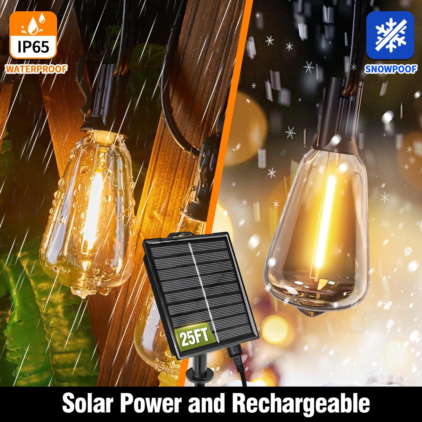 Solar String Lights Outdoor Waterproof with Remote & Timer, LED Shatterproof ST38 Bulbs, USB & Solar Powered Patio Lights for Backyard, Porch, Garden, Wedding, Christmas Decor (25FT)