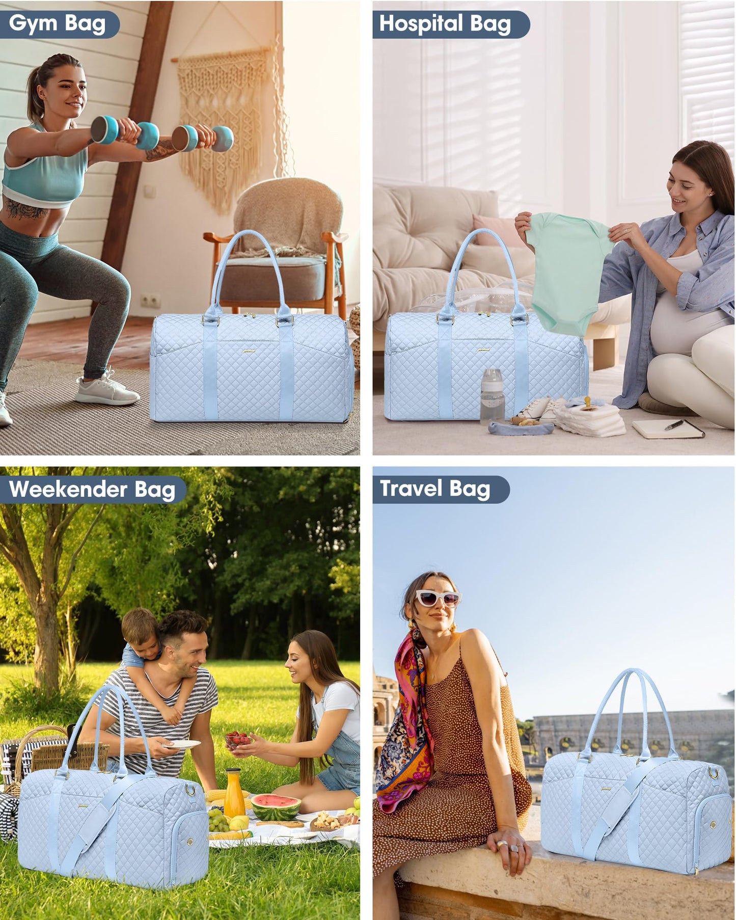 Women Weekender Travel Duffle Bag: Travel Duffel Overnight Bags with Shoe Compartment Large Carry on Tote with Toiletry Bag Weekend Traveling Yoga Gym Hospital Bag for Women with Wet Pocket Light Blue