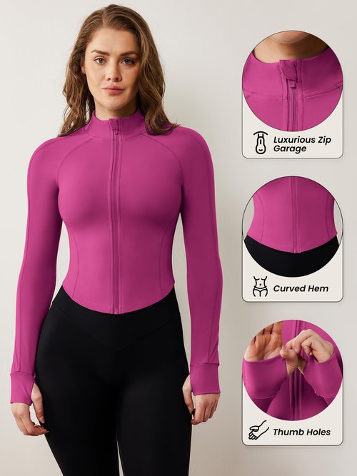 AVGO Women's Workout Jacket Lightweight Zip Up Cropped Yoga Jackets Slim Fit Athletic Tops with Thumb Holes(Hot Pink, M)
