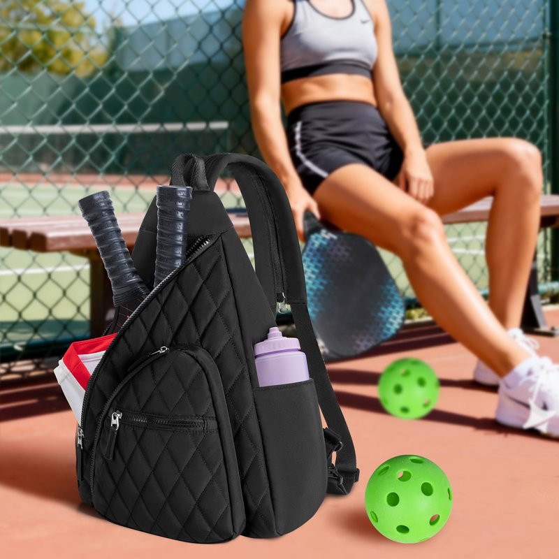 Trahzia Pickleball Sling Bag for Women and Men, Pickle Ball Paddle Backpack with Fence Hook for Racquetball, Badminton Rackets, Black