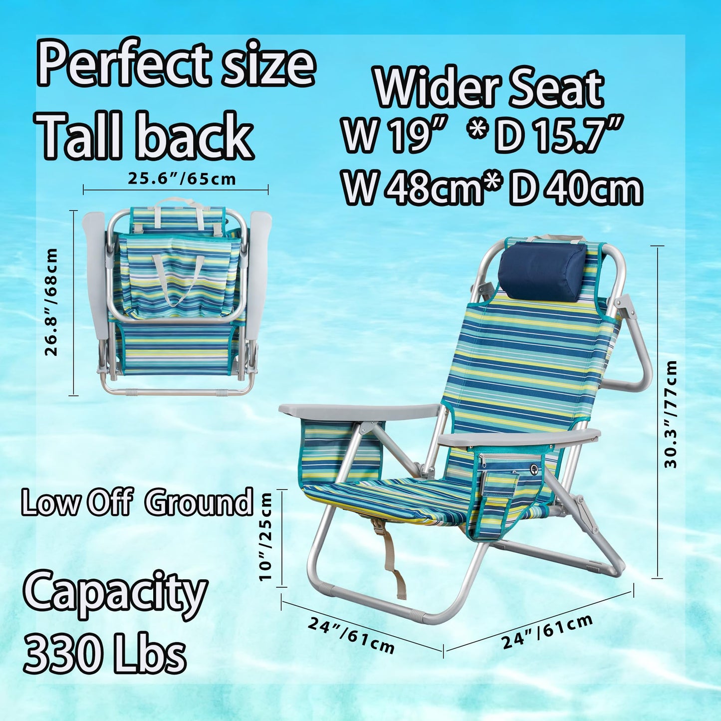 ALPOME Aluminum Backpack Low Profile Beach Chair - 5-Position Lay Flat Reclining Folding Chair with Removable Cooler Bag - Heavy Duty 330 lbs Capacity, Lightweight Portable Sand Seat - Striped Green