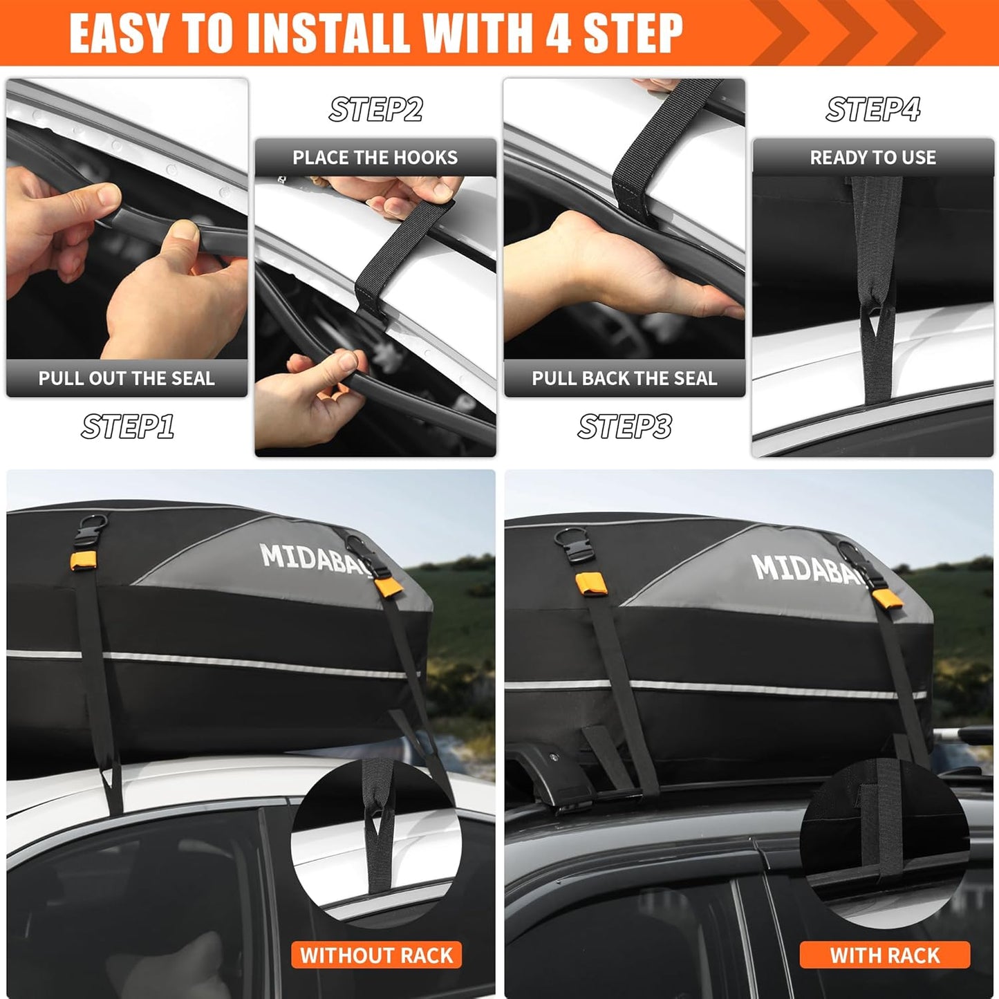 MIDABAO Waterproof Car Roof Top Carrier - 12 Cubic Feet Cargo Bag with Anti-Slip Mat | Durable Zippers