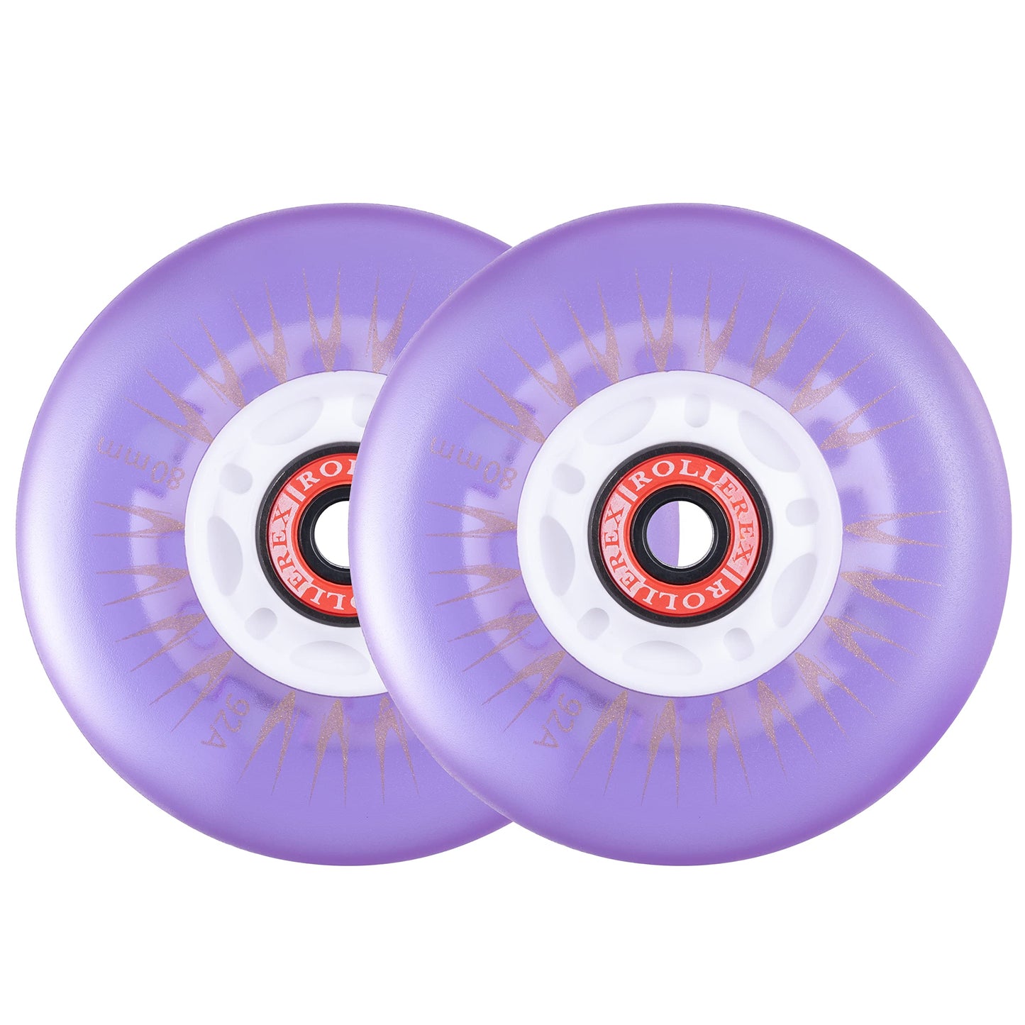 Rollerex Glowrider 92A Inline Skate Wheels w/Built-in Magnetic LED Lights & Incl. Bearings – Light-Up Wheels for Roller Blades, Scooters, More (2-Pack) (UV Purple, 80mm)