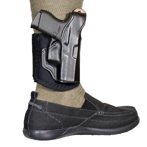 Desantis Die Hard Ankle Rig, Concealed Ankle Holster, Leather Lined Holster with Thumb Break, Neoprene Leg Band, Fits Springfield Hellcat 3”, Hellcat OSP 3”, Unisex, Right-Hand Draw, Black
