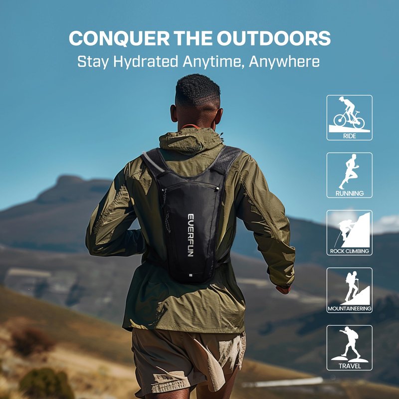 EVERFUN Hydration Backpack Running Vest Small Hiking Water Backpack with 1.5L Water Bladder, Lightweight Reflective Phone Holder Hydro Pack for Trail Running, Biking, Race, Marathons, Black