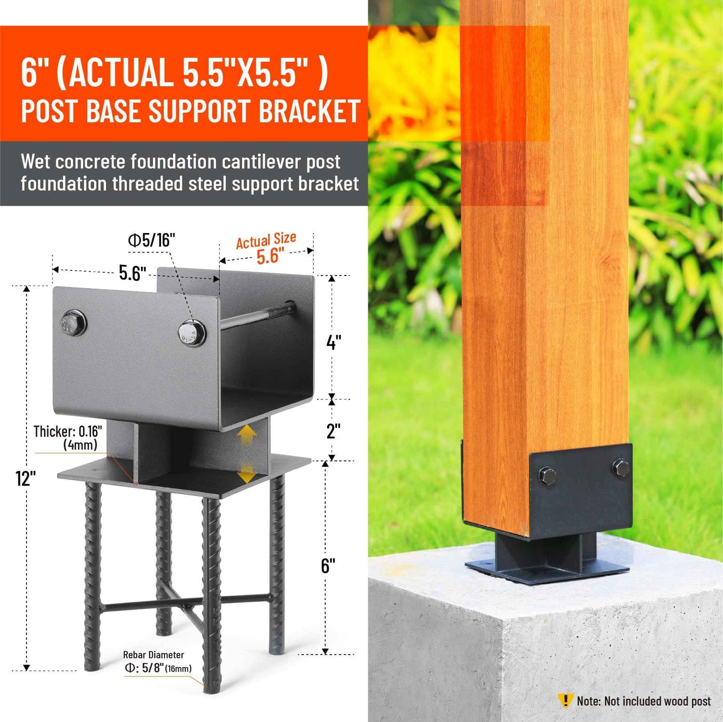 Uphode 1Pack 8"x8"(Actual 7.5"x7.5") Wooden Post Base for Concrete, U-Shape Fence Post Holder Bracket Bracket Black, Wet Set Concrete Post Anchor Stainless Steel