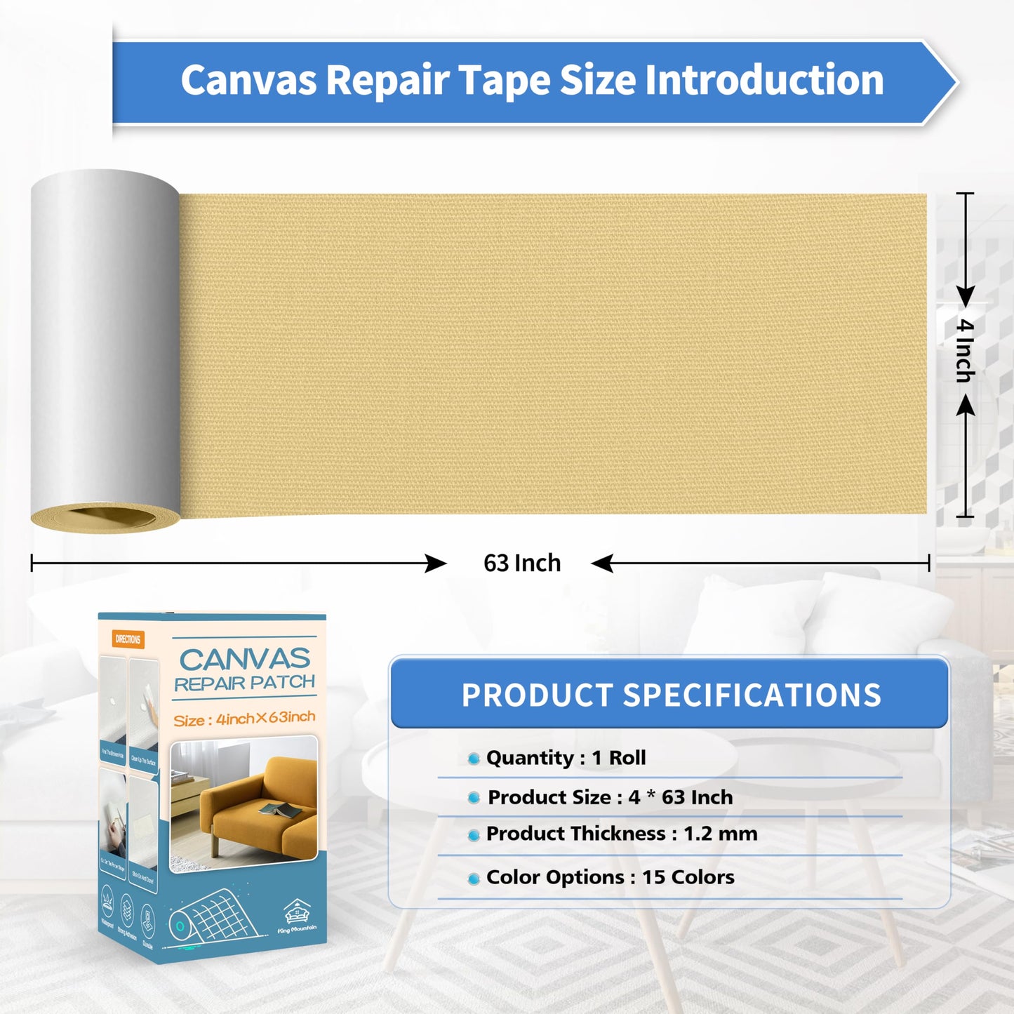 KING MOUNTAIN Canvas Repair Tape,Outdoor Gear Patch, 4×63 Inches,Waterproof,Self-Adhesive for Repairing Boat Covers,Sun Shades,Sofas,Tents,Lounge Chairs,Awnings (Beige-1)