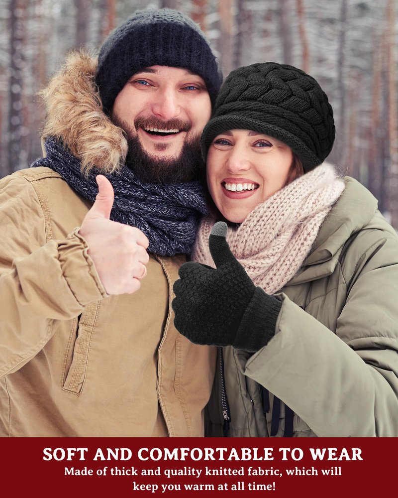 Newcotte 8 Pcs Women Hats Gloves Winter Set, Warm Cap Beanie Hat Knit with Visor Snow Ski Caps and Touch Screen Gloves (Black, Purple, Navy Blue, Dark Khaki)