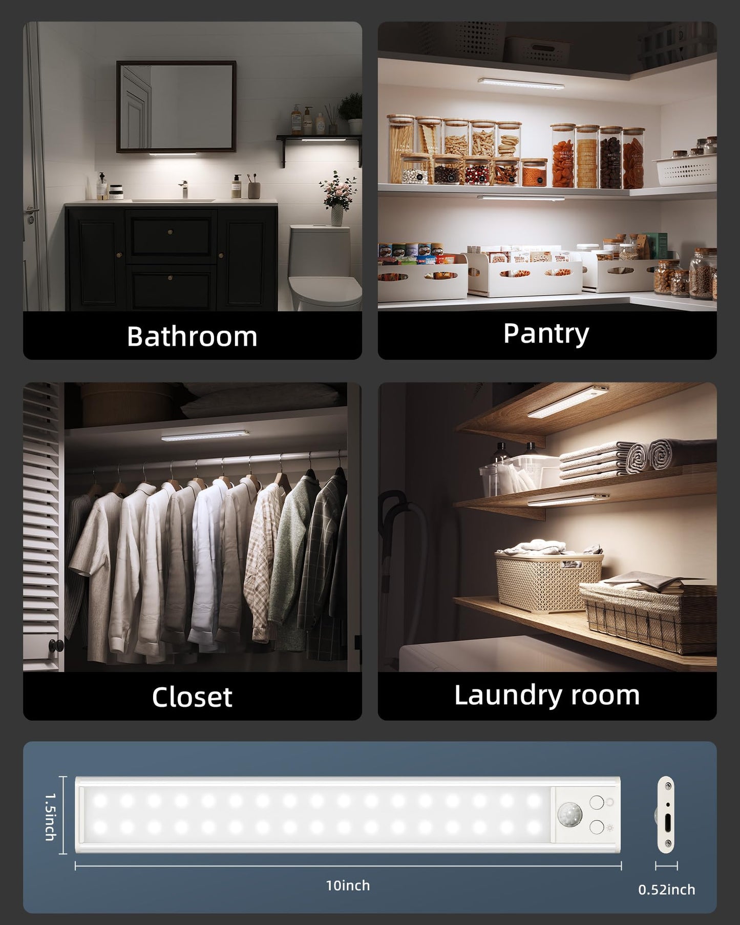 AMETHEUS 10inch Under Cabinet Lights, Motion Sensor Light Indoor, Wireless Closet Lights, 1800mAh Rechargeable Battery, Magnetic, 5 Levels Dimmable, Under Counter Lights for Kitchen, Bathroom (2 Pack)